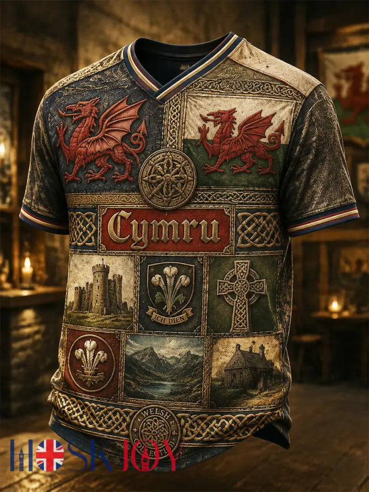 Men’s Welsh Red Dragon Printed V-Neck T-Shirt - Blue / S