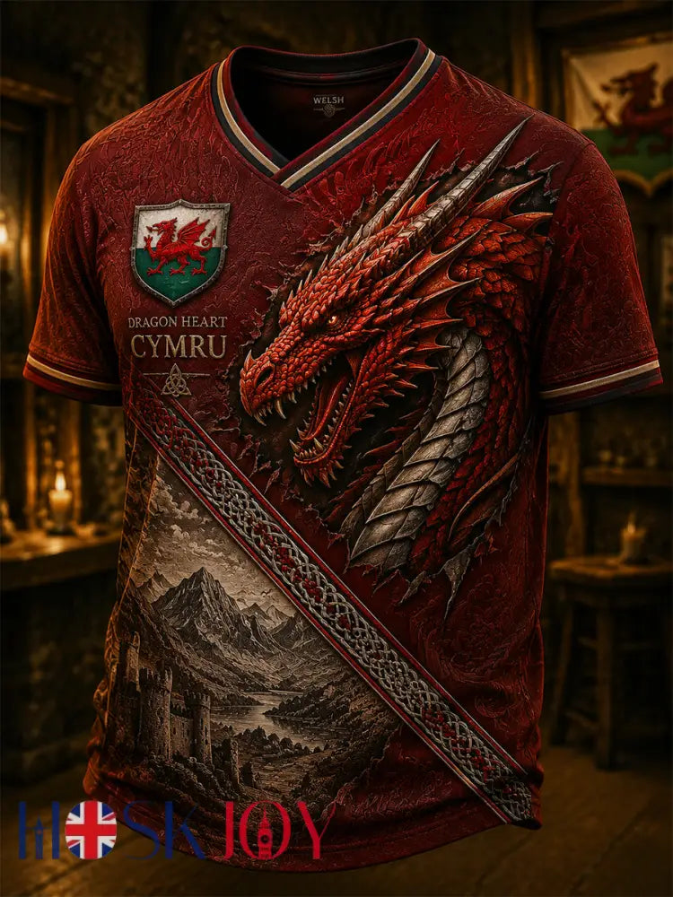 Men’s Welsh Red Dragon Printed V-neck T-shirt - Wine Red / S