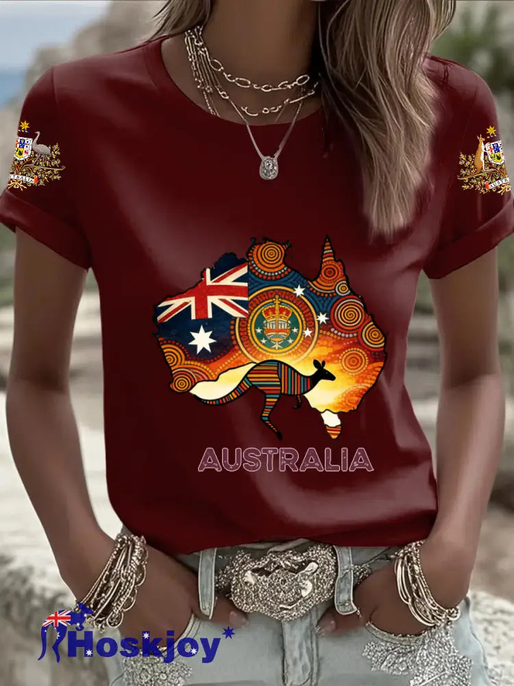 Retro Australia Day Flag Badge Kangaroo Aboriginal Print Casual Cotton Short Sleeve T-Shirt Brown / S