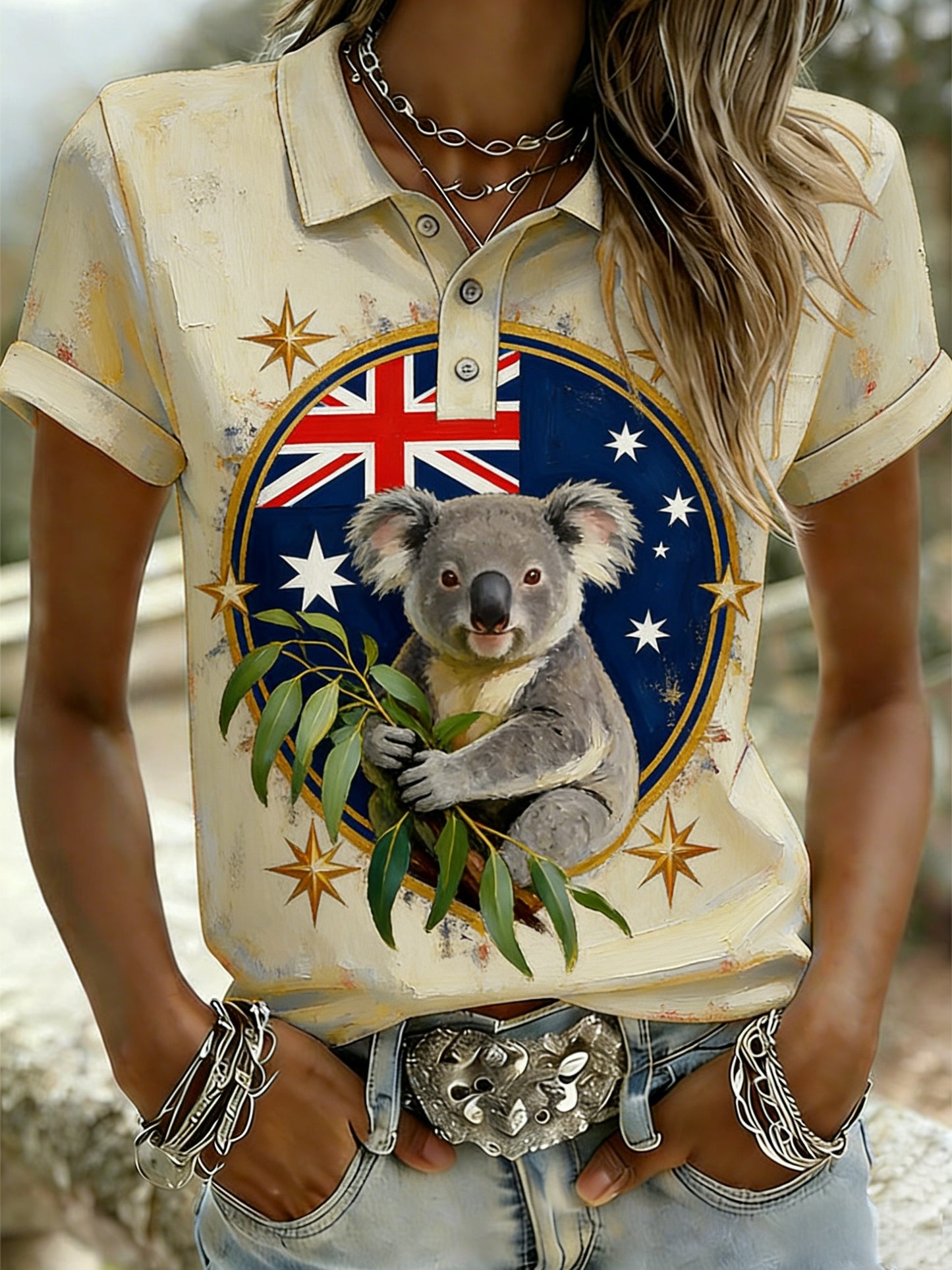 Women's Retro Australian Flag Badge Koala Short-Sleeve Polo Shirt