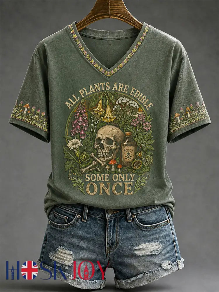 Women’s ’All Plants Are Edible Some Only Once’ Halloween Floral Print Casual T-shirt - Green / S