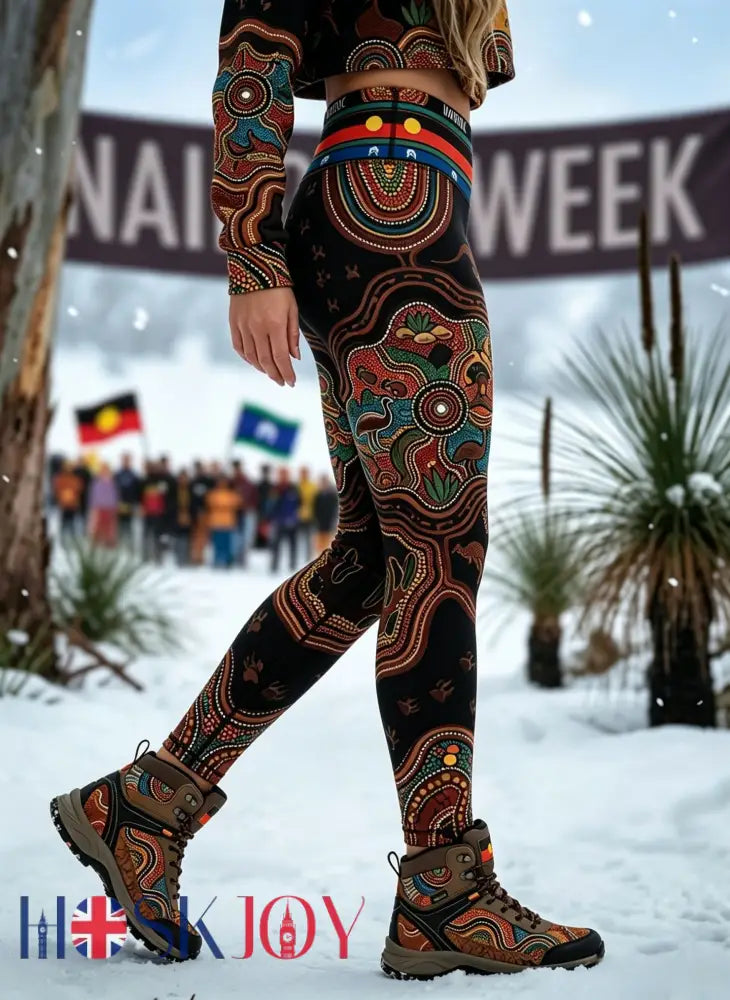 Women’s AU Aboriginal Art NAIDOC Week Printed Sports Stretch Leggings - Black / S
