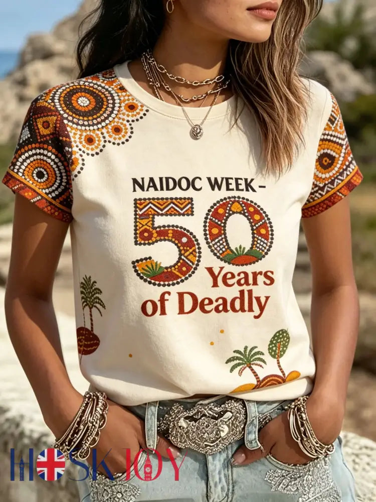Women’s AU Aboriginal Art NAIDOC Week Printed Tops - Beige / S