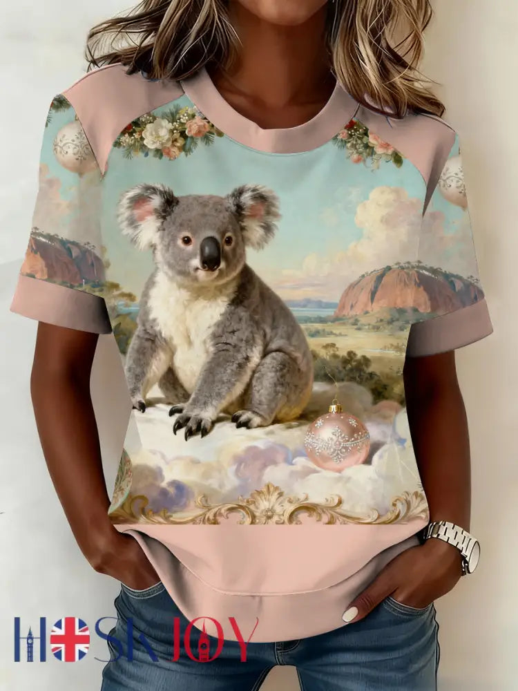 Women’s AU Christmas Koala Art Printed T-shirt Pink / S