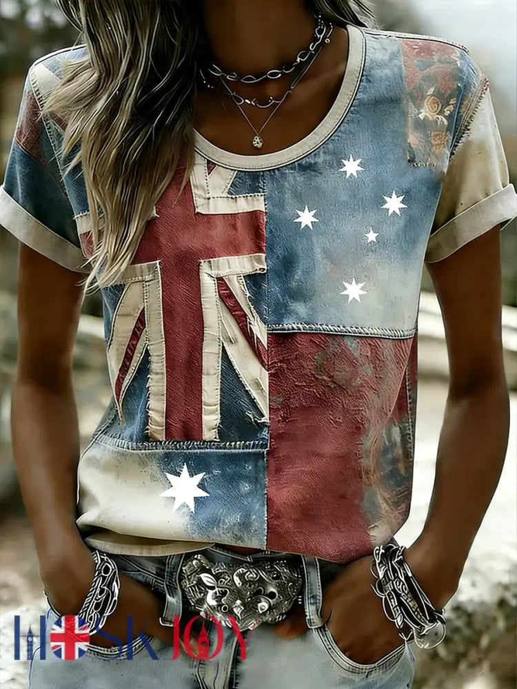 Women’s Australian Flag Art Print Round Neck Short Sleeve T-shirt - As picture / S