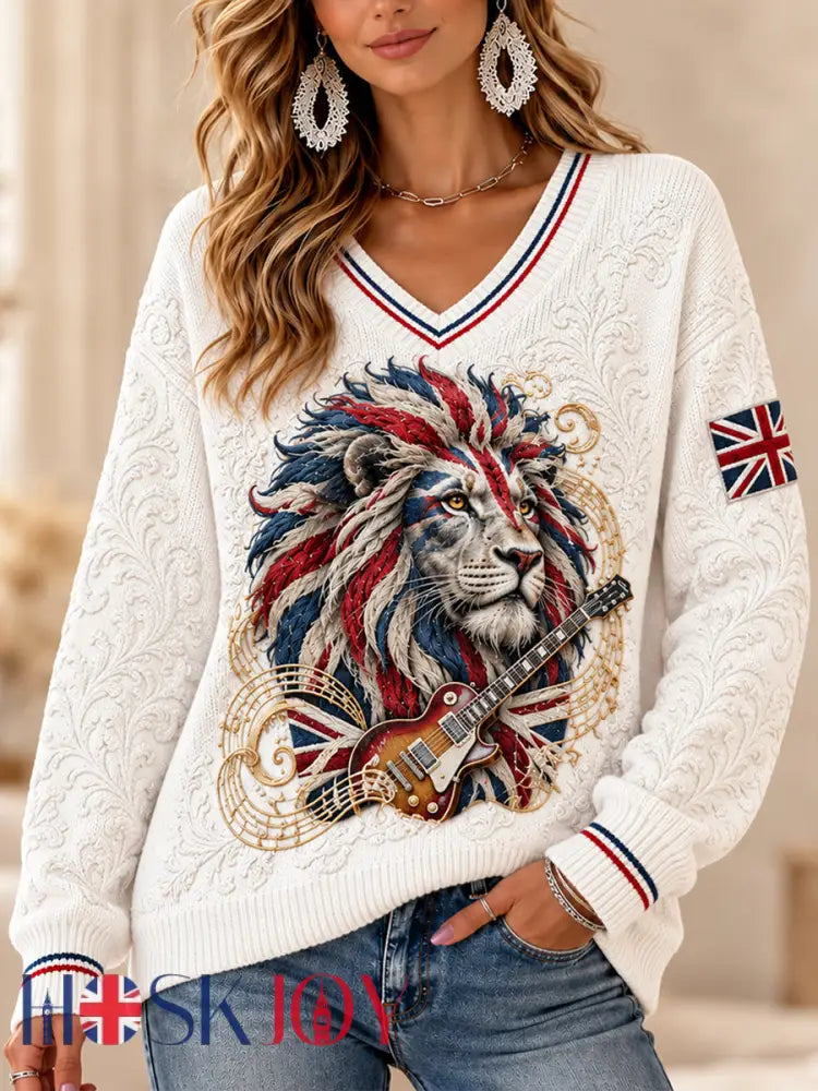 Women’s British Lion Printed V-Neck Sweater - White / S