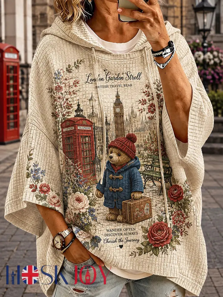 Women’s Drop-Shoulder Waffle-Knit Hoodie With Cute Teddy Bear Print - A / S