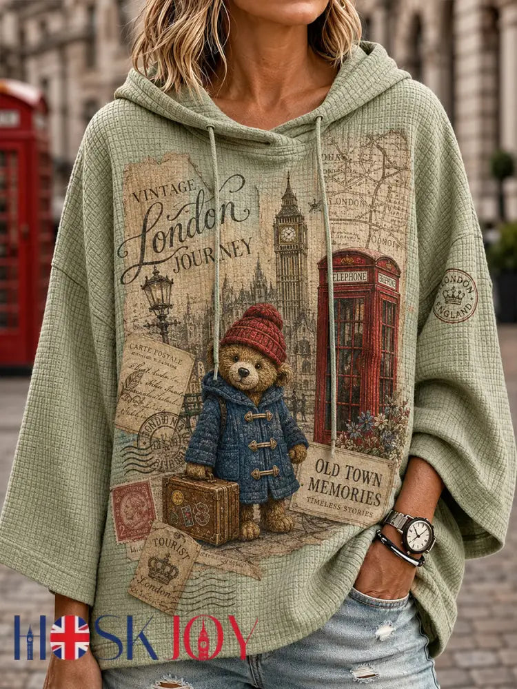Women’s Drop-Shoulder Waffle-Knit Hoodie With Cute Teddy Bear Print - A / S