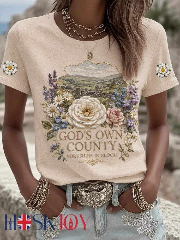 Women’s England Yorkshire Day White Roses Art Printed T-shirt - Apricot / S