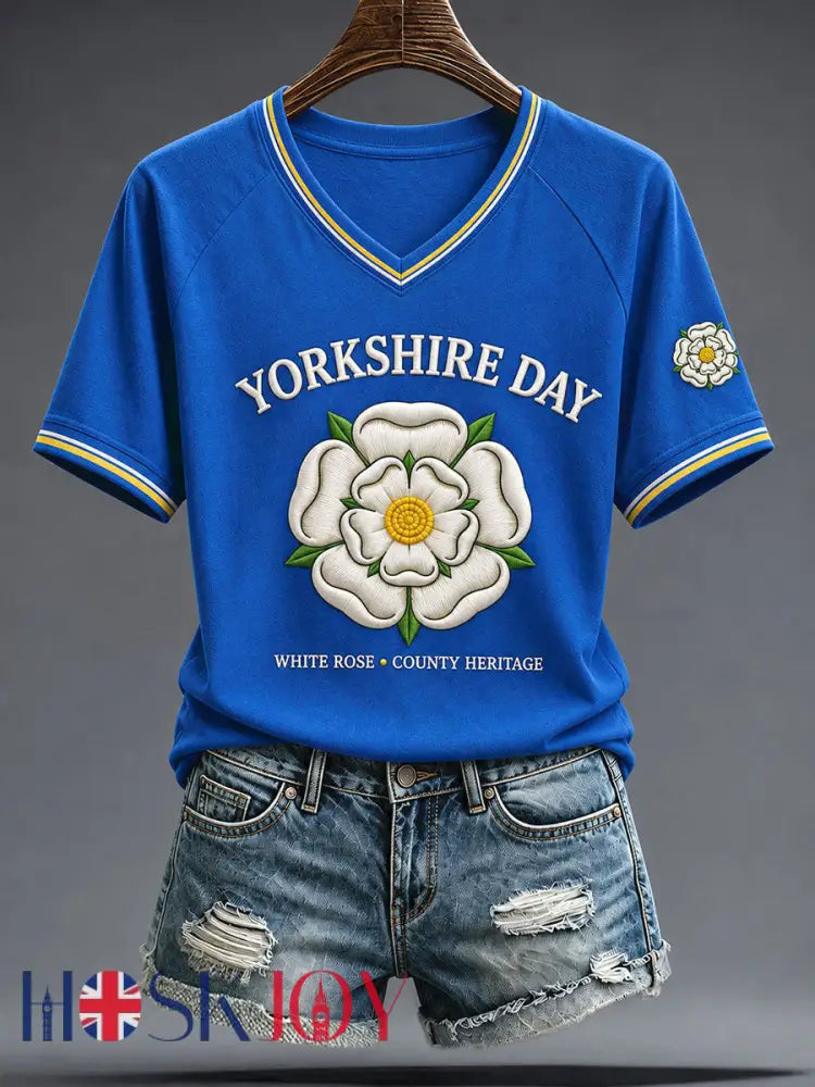 Women’s England Yorkshire Day White Roses Art Printed T-shirt - Blue / S