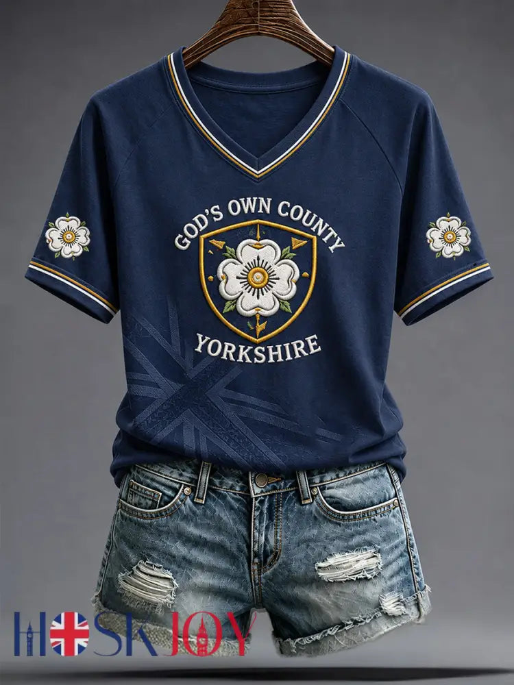 Women’s England Yorkshire Day White Roses Art Printed T-shirt - Deep Blue / S