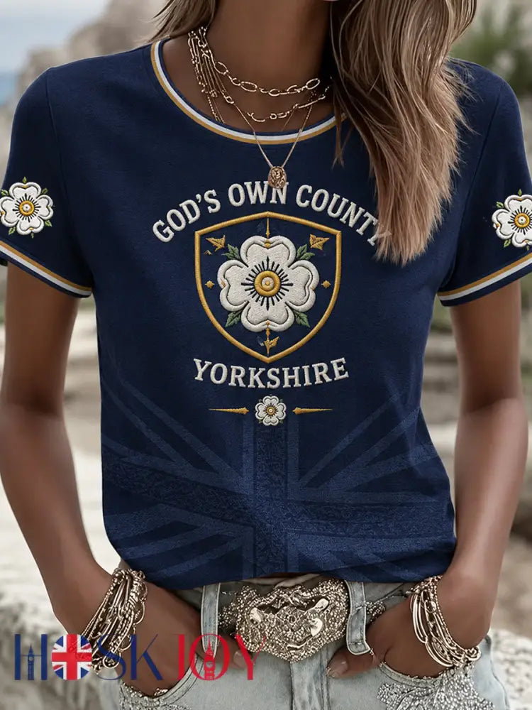 Women’s England Yorkshire Day White Roses Art Printed T-shirt - Deep Blue / S