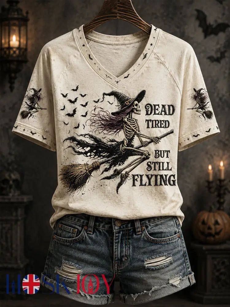 Women’s Funny Halloween Skull Witch Print Casual V-Neck Tee - Creamy-White / S