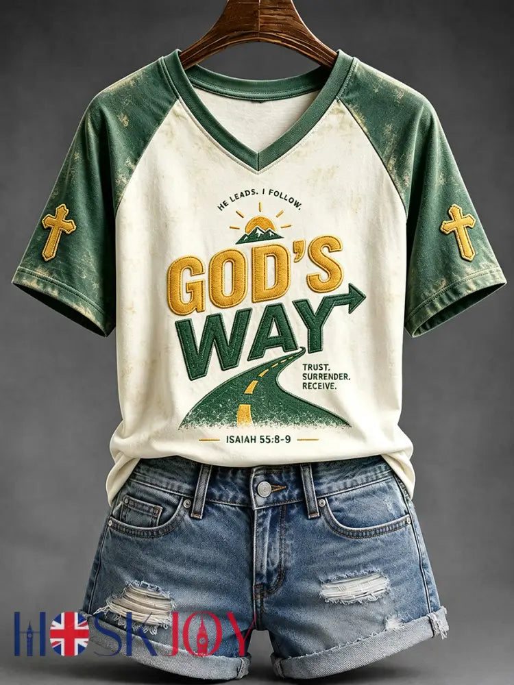 Women’s God’s Way Faith Print V-neck Short-sleeved T-shirt - Green / S
