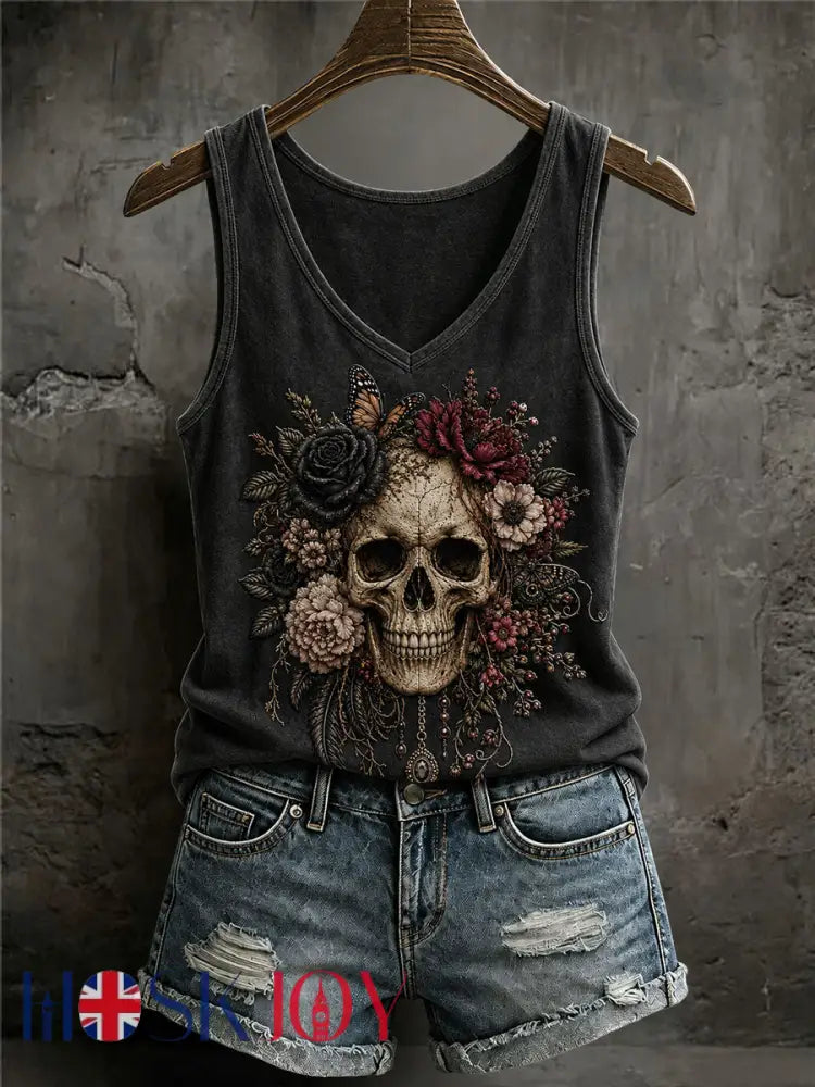 Women’s Gothic Skull Print Casual Vest - Black / S