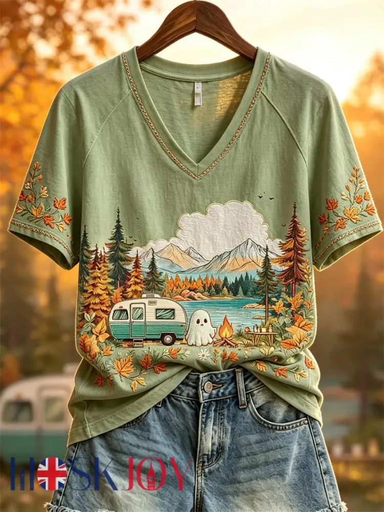 Women’s Halloween Ghost RV Camping Fall Landscape Print short sleeve T-shirt - Green / S