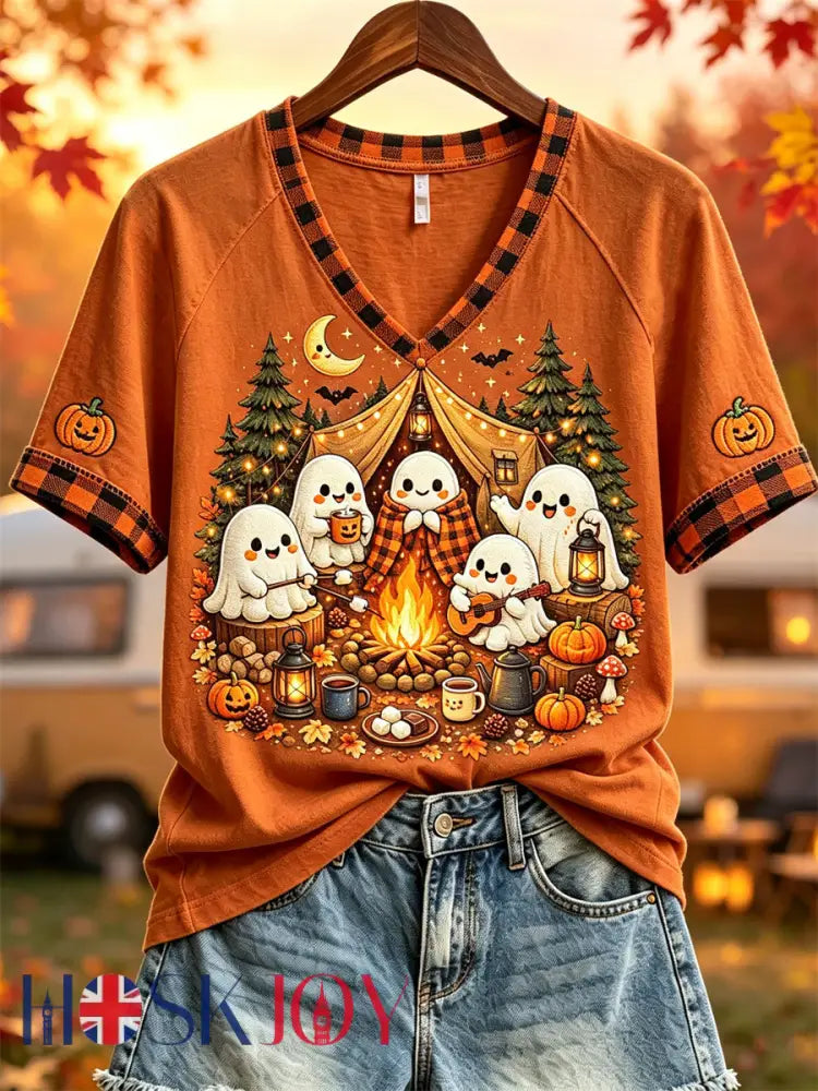 Women’s Halloween Ghosts Fall Camping Print short-sleeved T-shirt - Orange / S