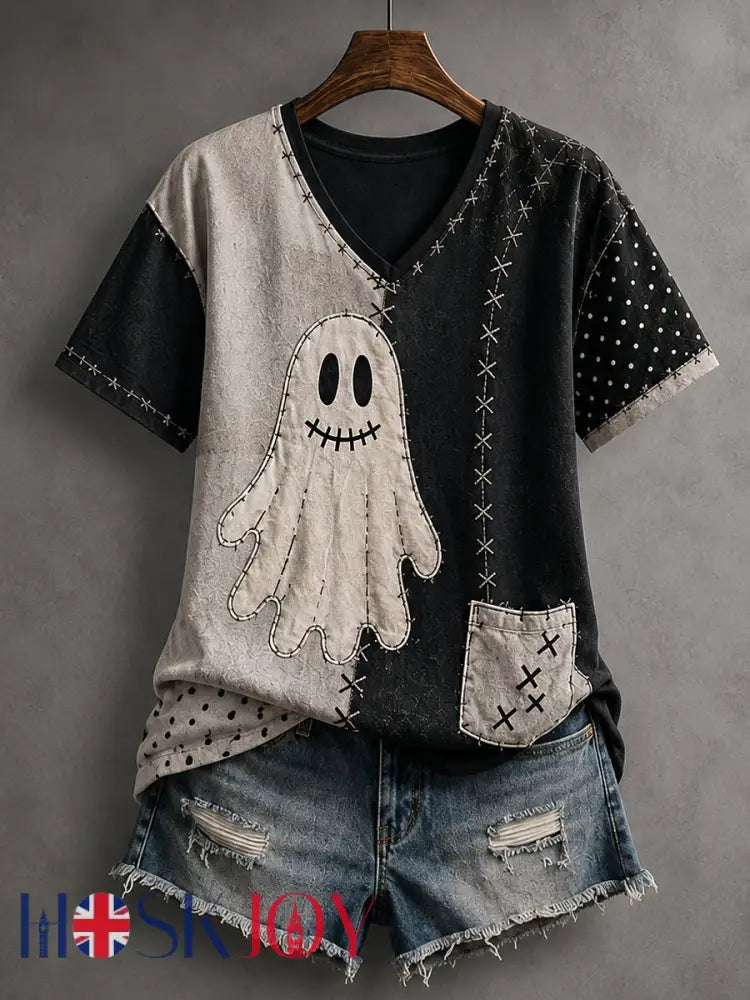 Women’s Halloween Patchwork Ghost Print Casual V-Neck Tee - Black / S