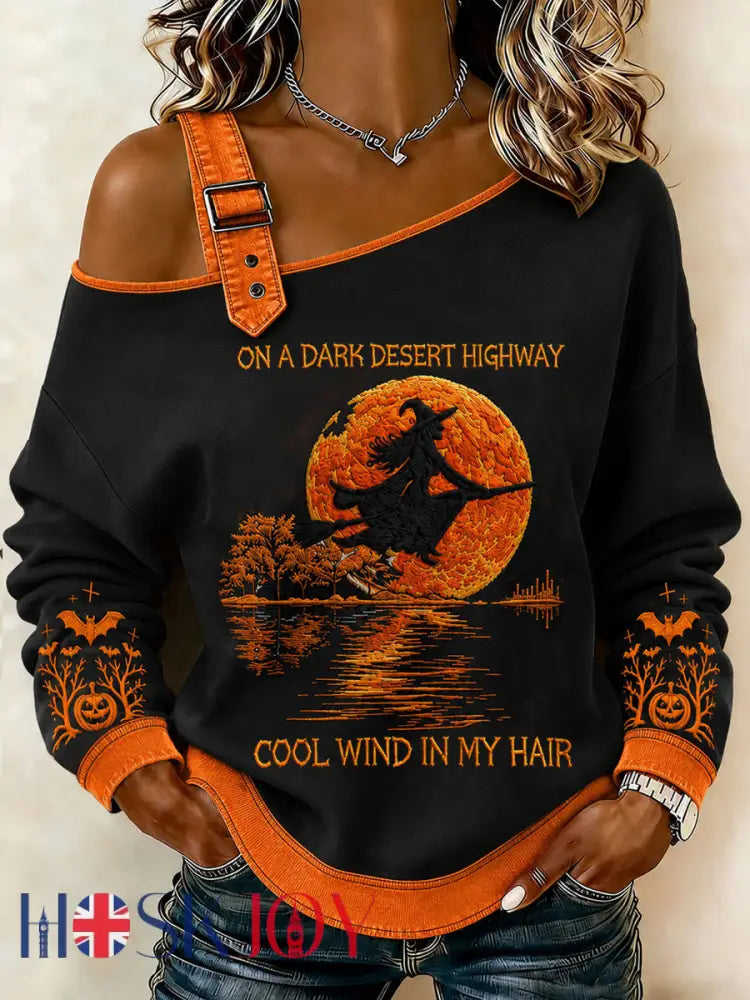 Women’s Halloween Witch Pumpkin Bat Casual Off-Shoulder Sweatshirt - As picture / S