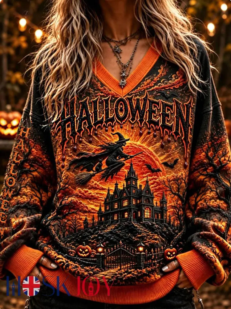 Women’s Halloween Witch V-Neck Sweatshirt - Orange / S