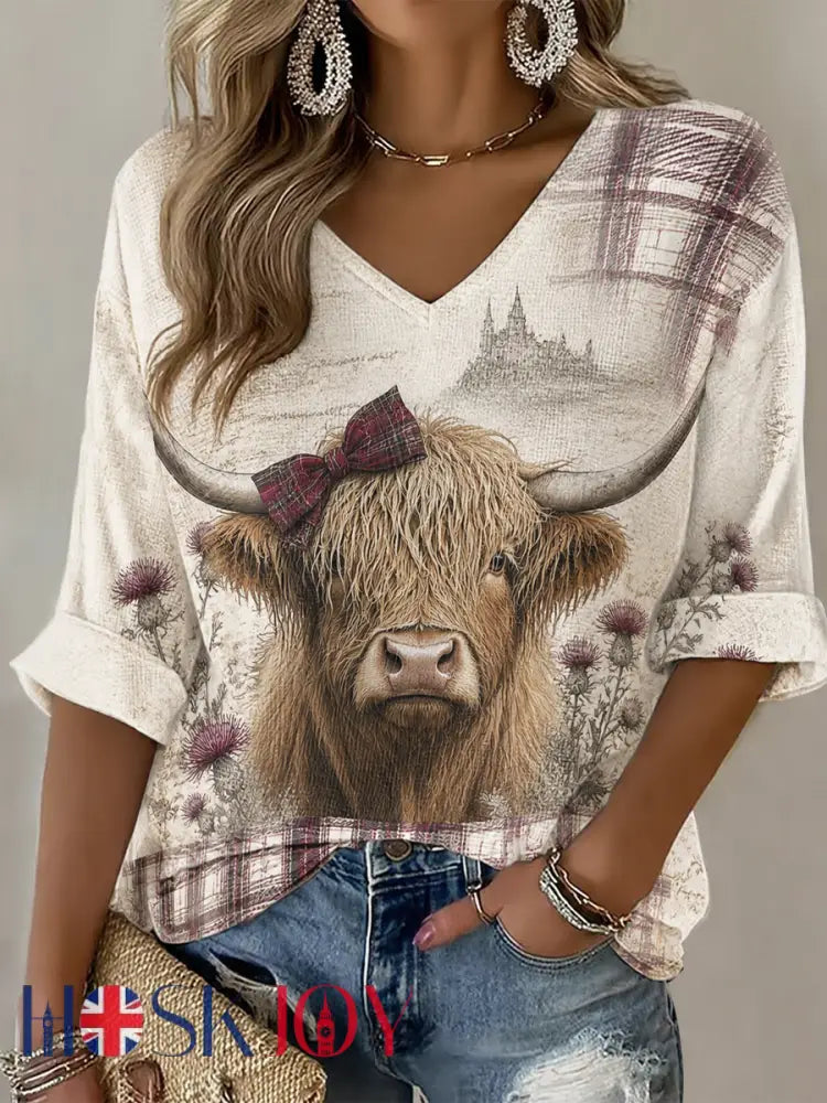 Women’s Highland cow print Mid-length Sleeves V-Neck T-Shirt - As picture / S