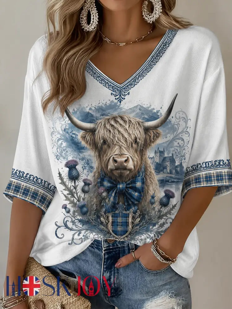 Women’s Highland cow print Mid-length Sleeves V-Neck T-Shirt - White / S