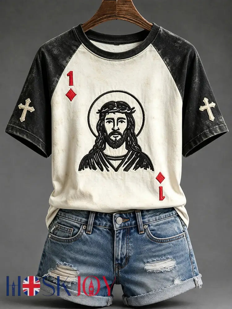 Women’s Jesus Playing Card Art Corss Print Round Neck Short Sleeve T-shirt - Black / S