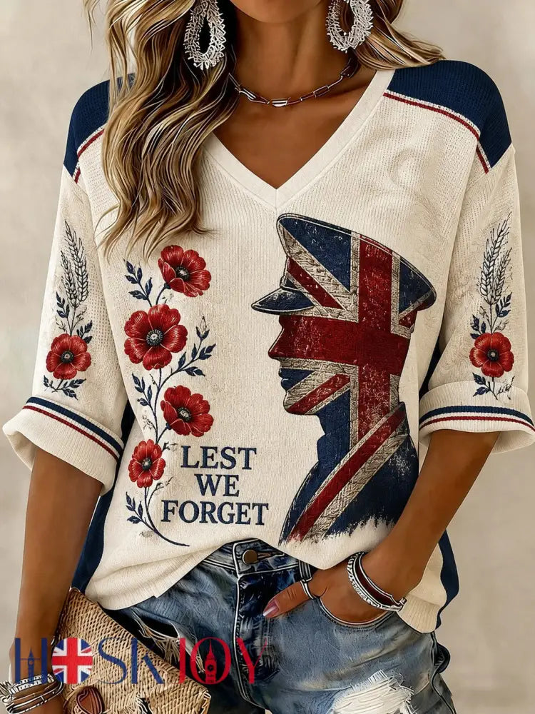 Women’s Lest We Forget Printed Mid-length Sleeves V-neck T-shirt - As picture / S