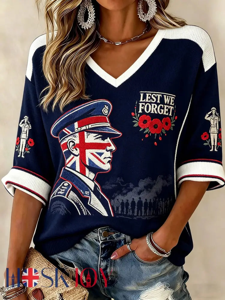 Women’s Lest We Forget Printed Mid-length Sleeves V-neck T-shirt - Navy Blue / S