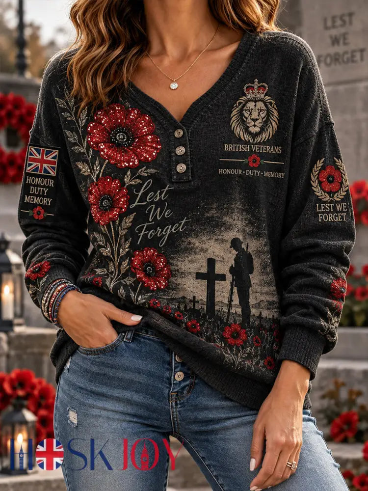 Women’s Long-Sleeve Knit Top With Remembrance Day Veteran Commemoration Print - A / S
