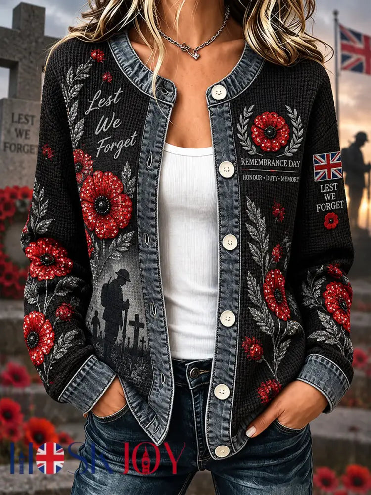 Women’s Long-Sleeve Waffle-Knit Jacket With Remembrance Day Themed Print - A / S