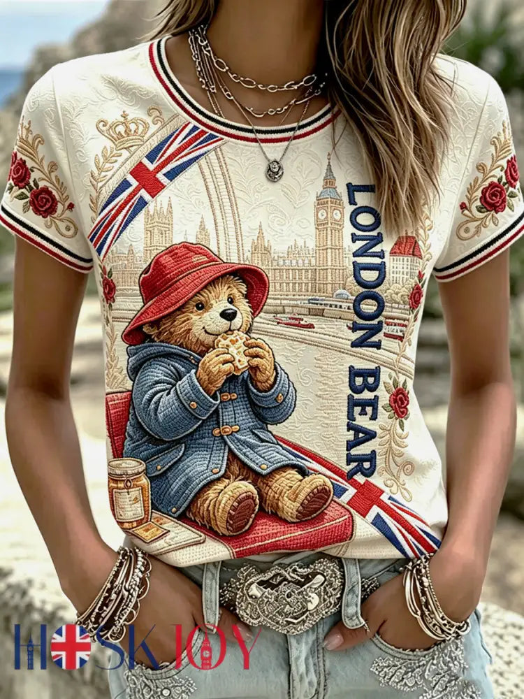 Women’s Paddington Bear Printed Vintage Fashion Loose Short Sleeve T-Shirt - Apricot / S