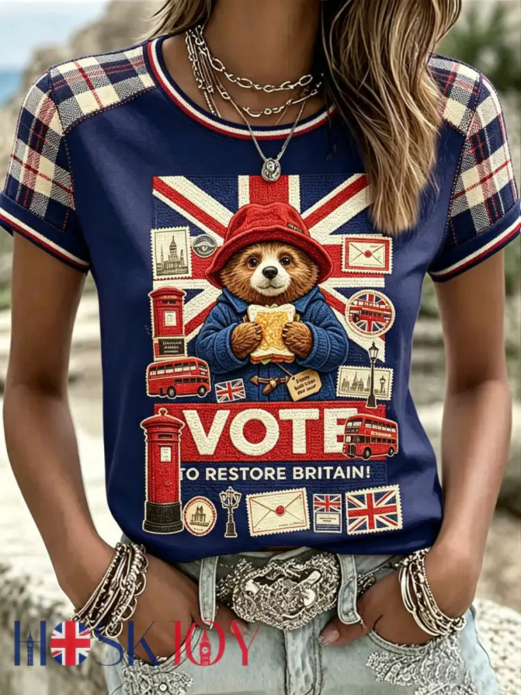 Women’s Paddington Bear Printed Vintage Fashion Loose Short Sleeve T-Shirt - Deep Blue / S