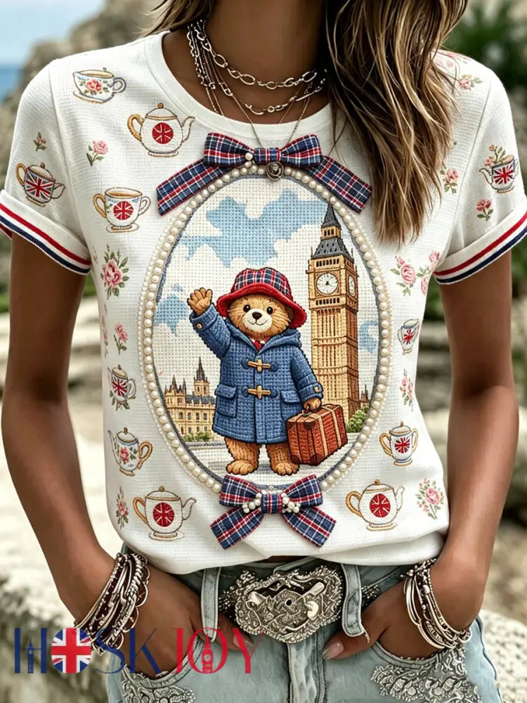 Women’s Paddington Bear Printed Vintage Fashion Loose Short Sleeve T-Shirt - White / S