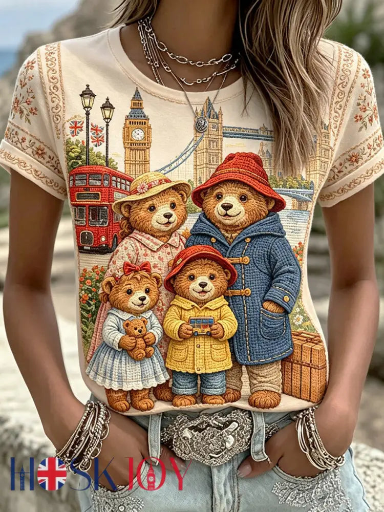 Women’s Paddington Bear Printed Vintage Fashion Loose Short Sleeve T-Shirt - Apricot / S
