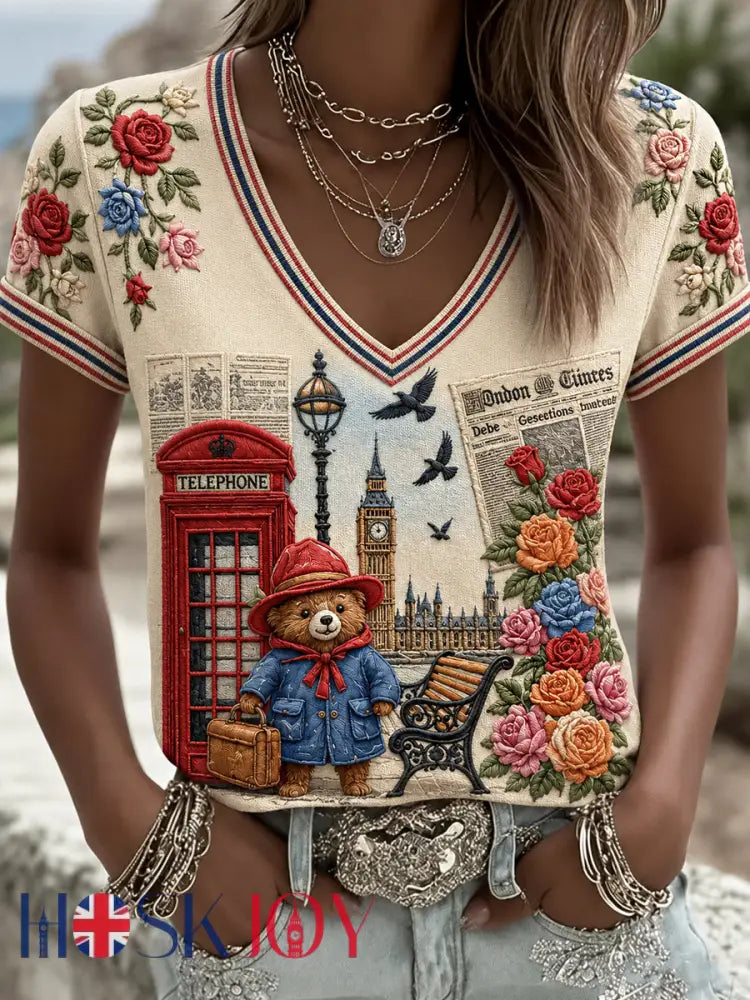 Women’s Paddington Bear Printed Vintage Fashion Loose Short Sleeve T-Shirt - Apricot / S