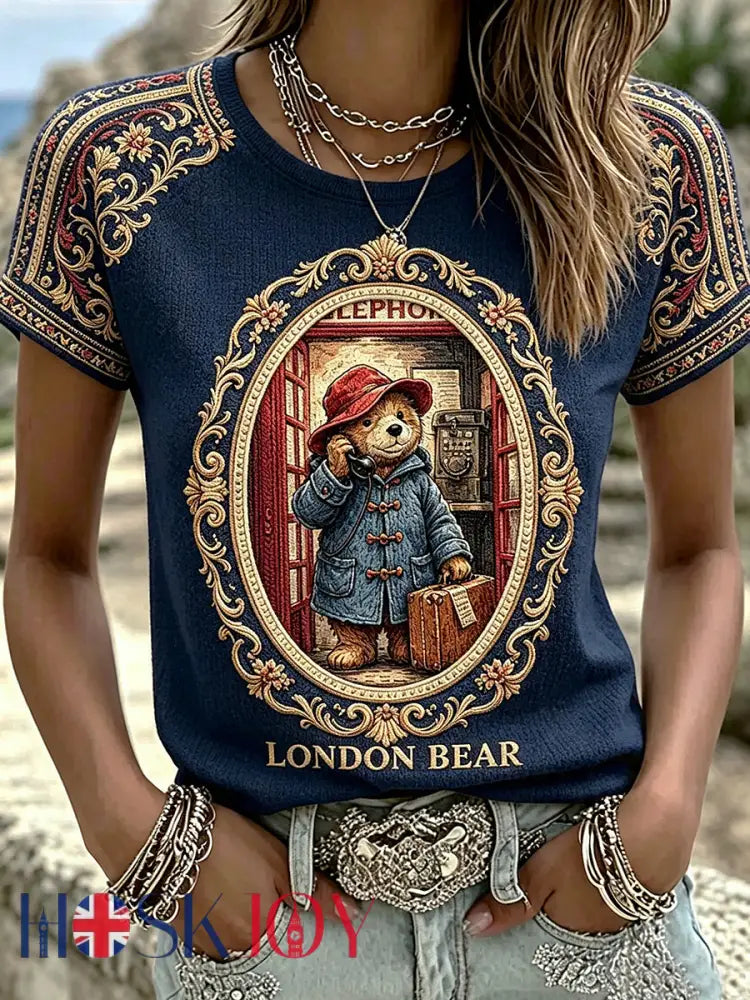 Women’s Paddington Bear Printed Vintage Fashion Loose Short Sleeve T-Shirt - Deep Blue / S