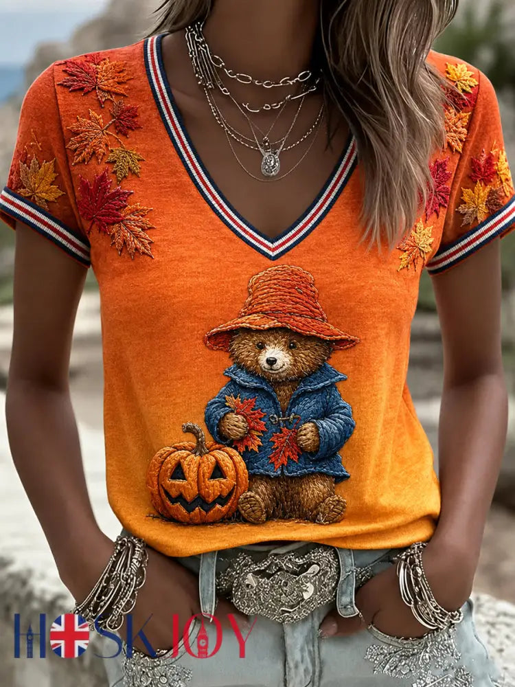 Women’s Paddington Bear Printed Vintage Fashion Loose Short Sleeve T-Shirt - Orange / S