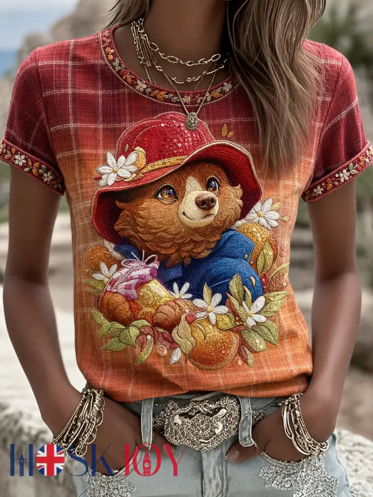 Women’s Paddington Bear Printed Vintage Fashion Loose Short Sleeve T-Shirt - Orange / S