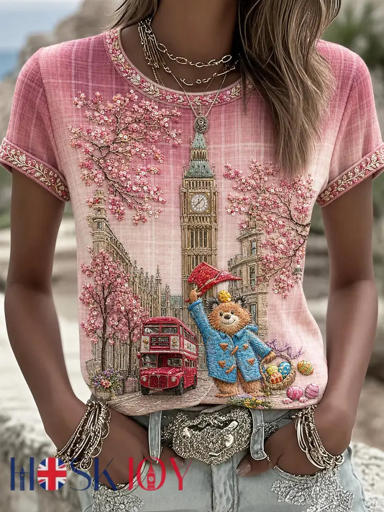Women’s Paddington Bear Printed Vintage Fashion Loose Short Sleeve T-Shirt - Pink / S