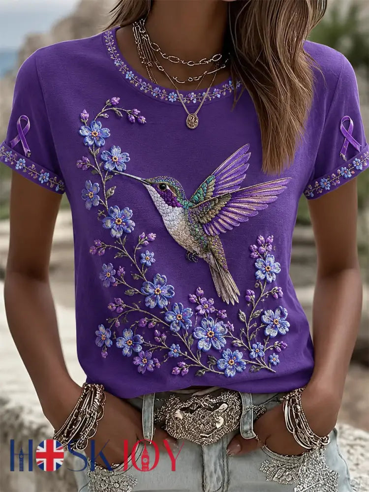 Women’s Purple Floral & Hummingbird Print Alzheimer’s Awareness Support Tee - Purple / S
