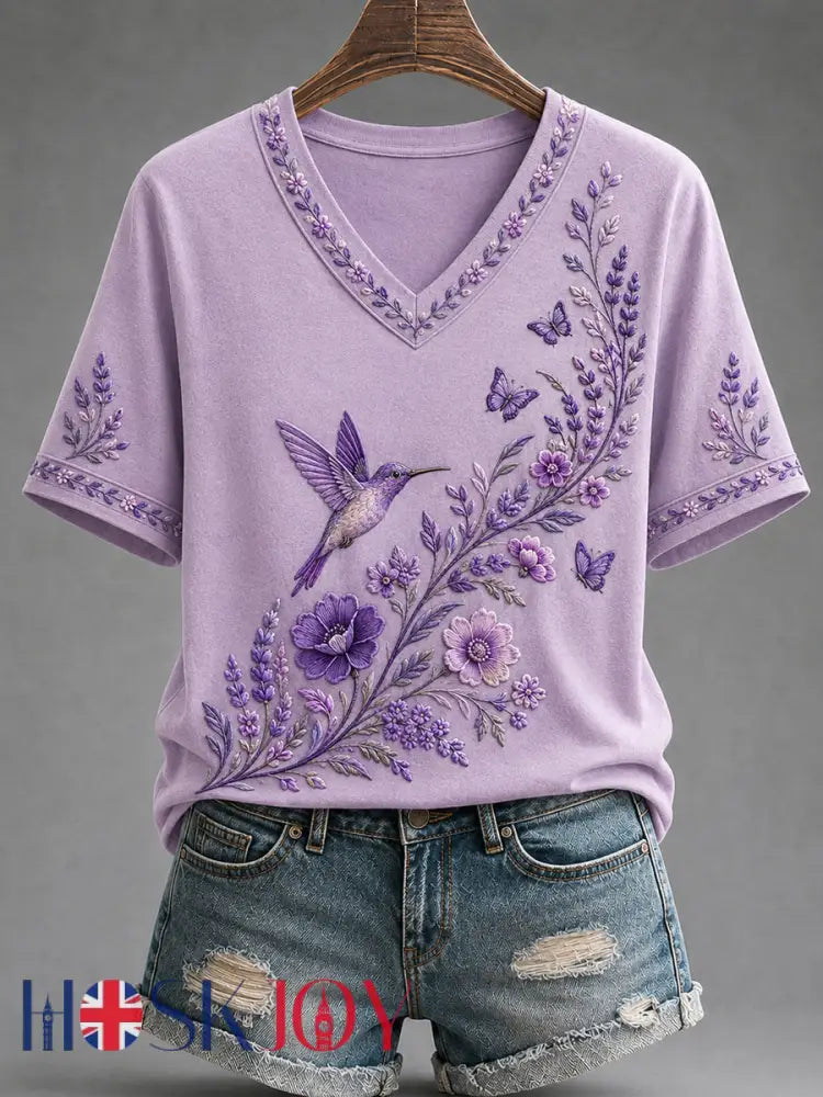 Women’s Purple Floral & Hummingbird Print Alzheimer’s Awareness Support V-Neck Tee - Lavender / S