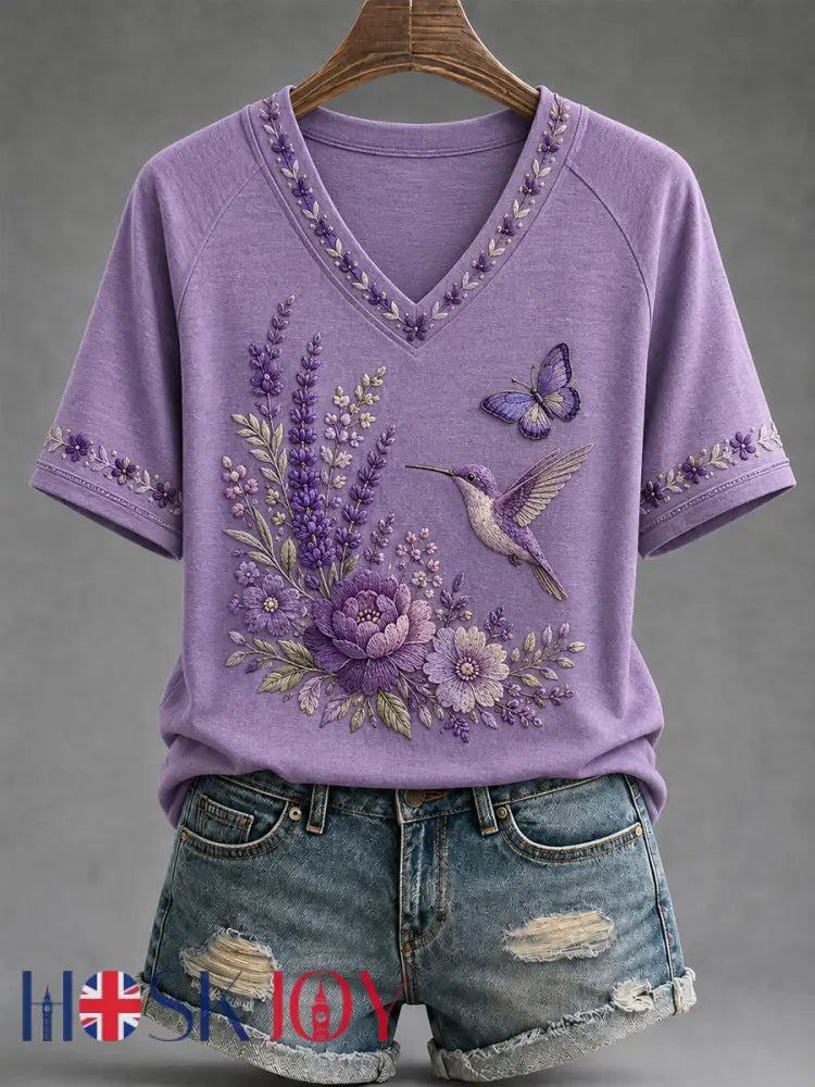 Women’s Purple Floral & Hummingbird Print Alzheimer’s Awareness Support V-Neck Tee - Purple / S