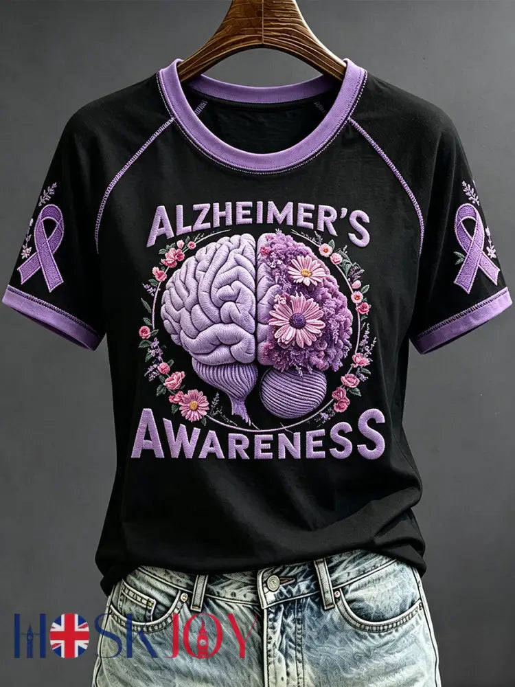 Women’s Purple Ribbon Awareness Print Round Neck Short Sleeve T-shirt - Black / S