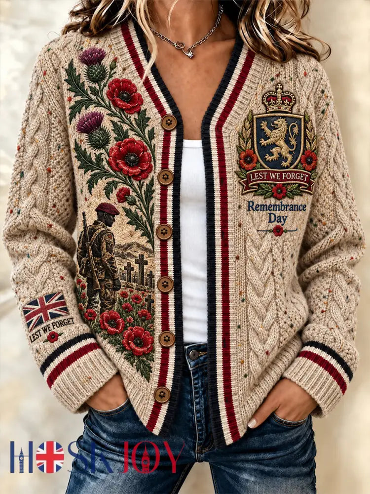 Women’s Remembrance Day Lest We Forget Button-Front Cardigan - Khaki / S