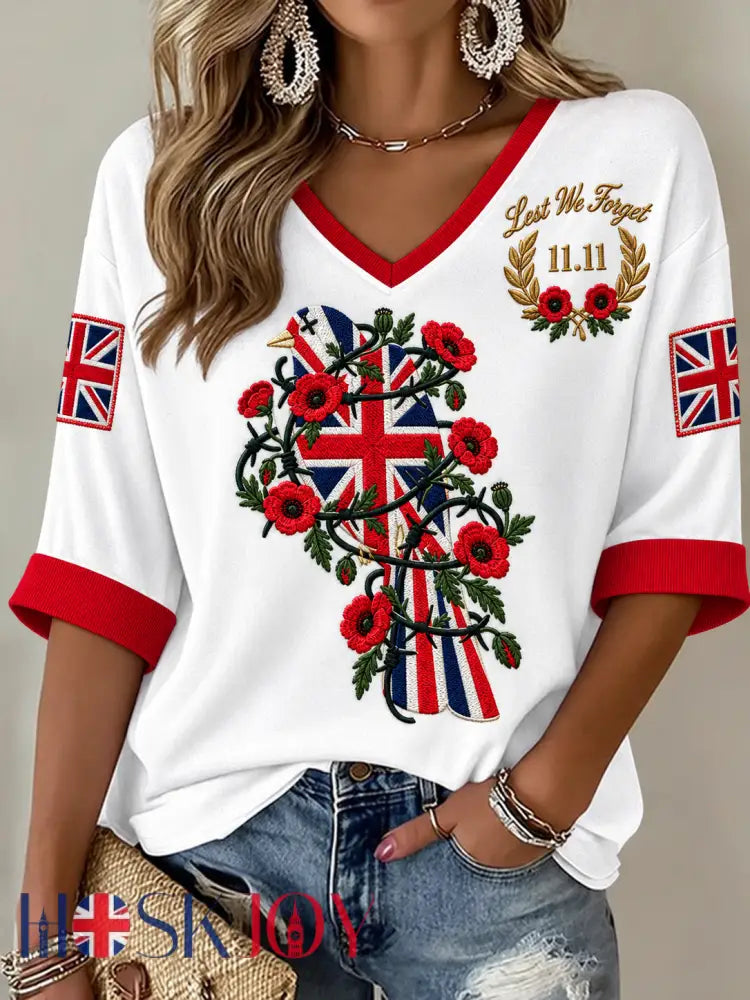 Women’s Remembrance Day Mid-length Sleeves V-Neck T-Shirt - White / S