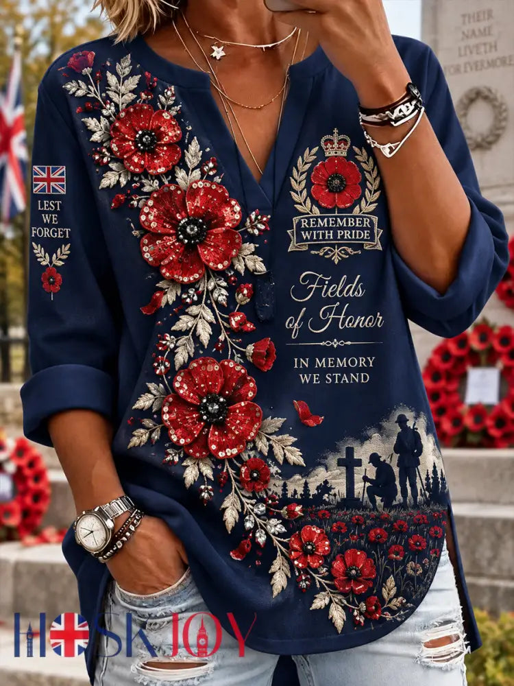 Women’s Remembrance Day Print V-Neck Long-Sleeve Top - A / S