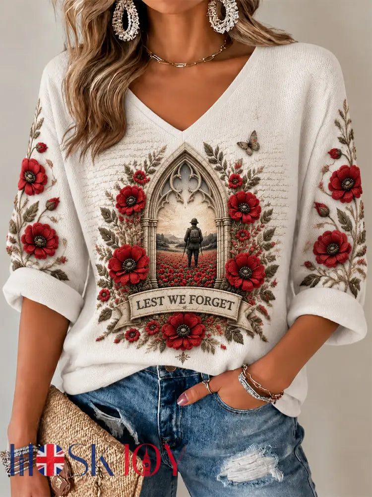 Women’s Remembrance Day Print V-Neck Top - White / S