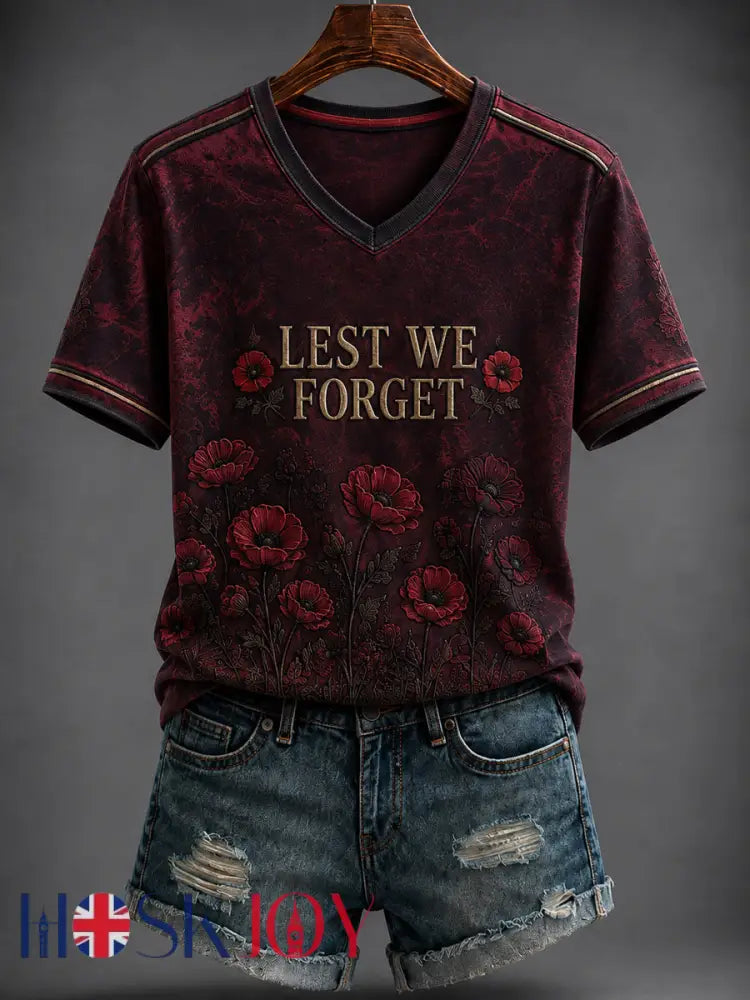 Women’s Remembrance Day Printed V-neck T-shirt - As picture / S