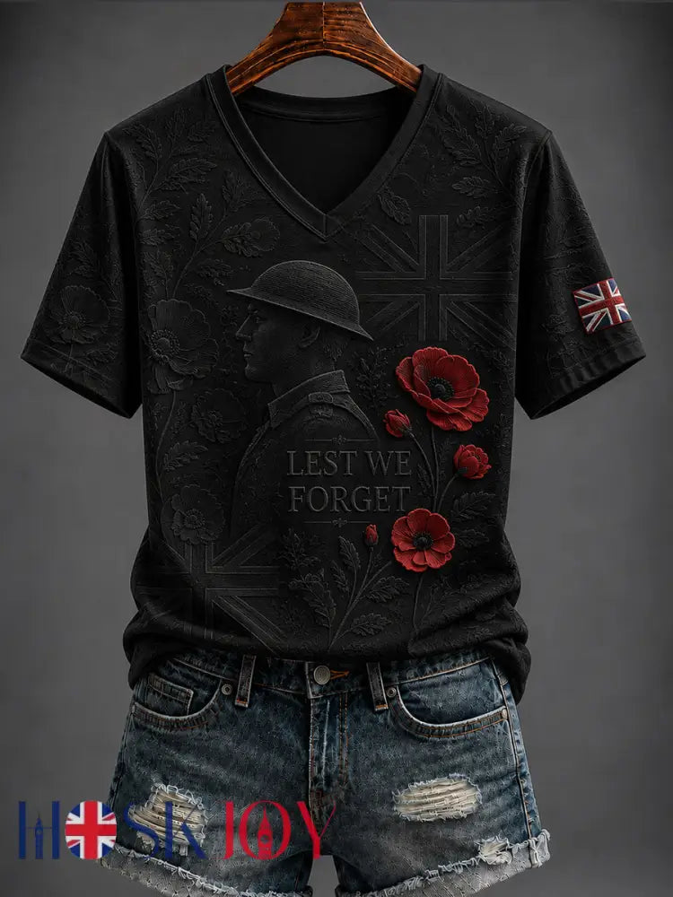 Women’s Remembrance Day Printed V-neck T-shirt - As picture / S